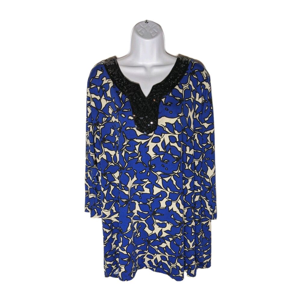 Linda Matthews Plus 3X Tunic Blouse Top Stretch Blue Floral Sequins 3/4 Sleeve